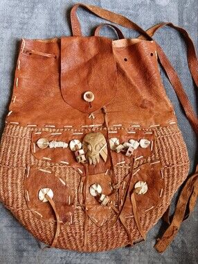 Leather African Woven Sisal Bucket Backpack, Adorned Vintage Rustic Trinket Bag